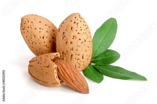 Group of almond nuts with leaves isolated on white background