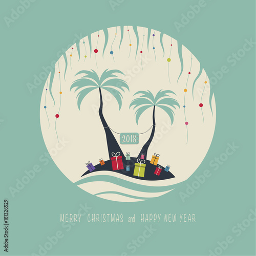 The cover design. Depicts two palm trees, ocean, colors presents on the sand, a garland of  colors balls and sun in the background. The phrase merry christmas and happy new year. The numbers 2,0,1,8