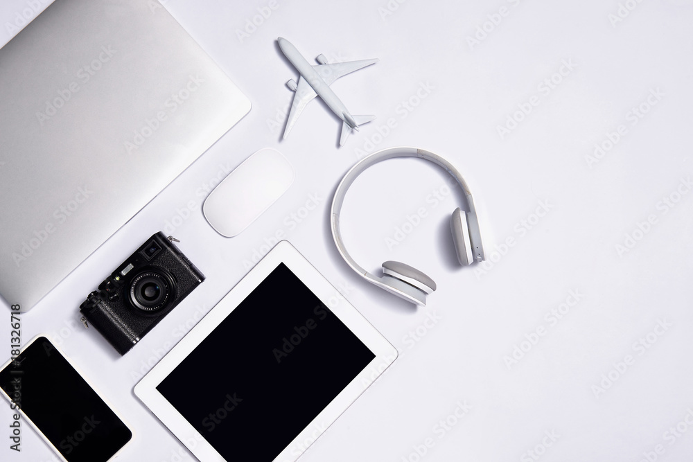 Different white set of objects for traveling on white background. Top view.