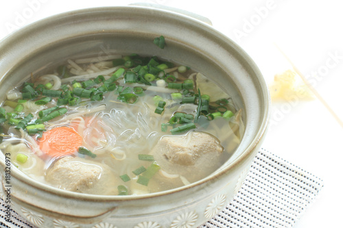 Asian food, fish cake and glass noodles hot pot