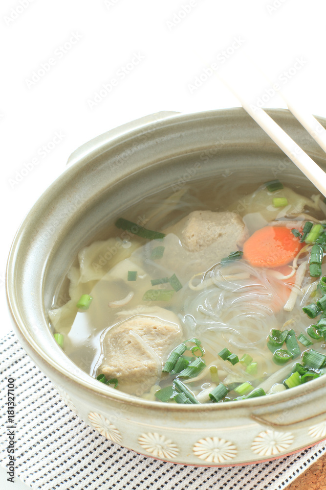 Asian food, fish cake and glass noodles hot pot Asian food, fish cake and glass noodles hot pot