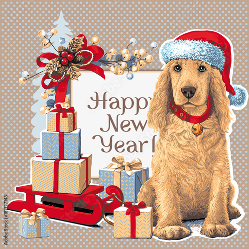 Dog sitting іn Santa hat next to gift 