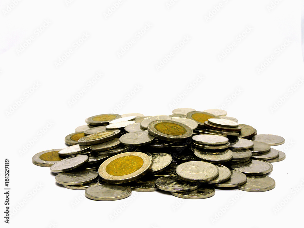 The isolated mound of Thai coin on the white background The isolated mound of Thai coin on the white background
