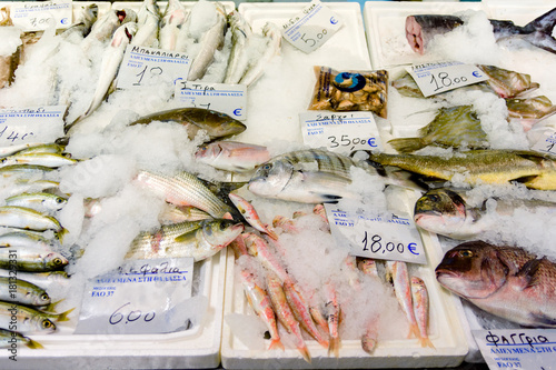 Freshly Caught Fish On Ice For Sale In The Greek Fish Market photo