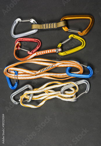 Different types of quickdraws for climbing. photo