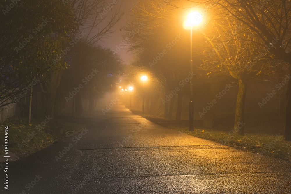 Dark alley in heavy fog iluminated by street lamps