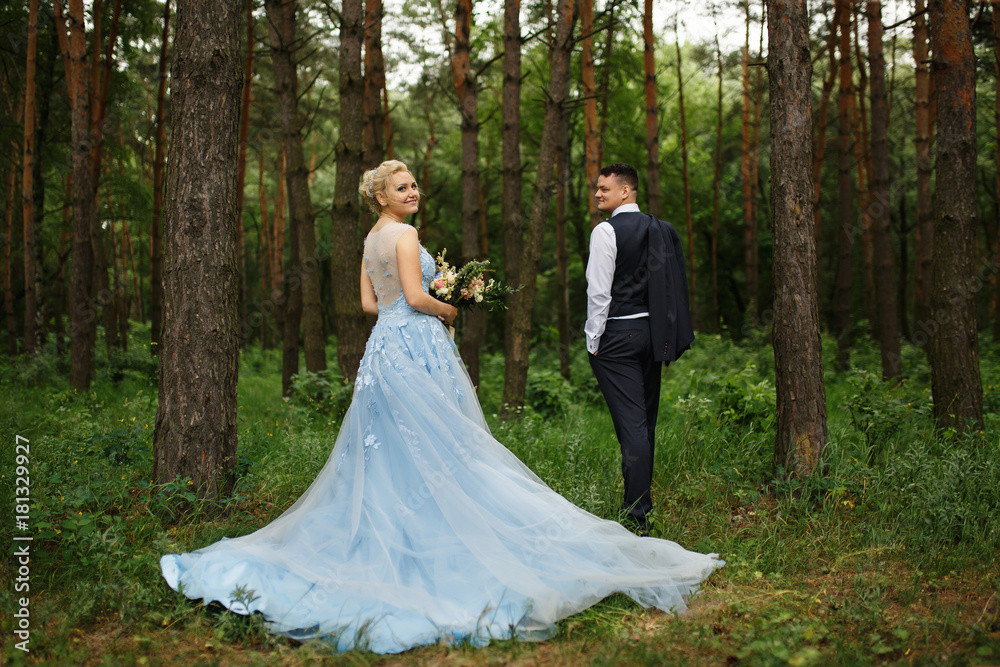 Rustic or provence wedding. Beautiful bride in blue wedding dress and handsome groom walking in forest