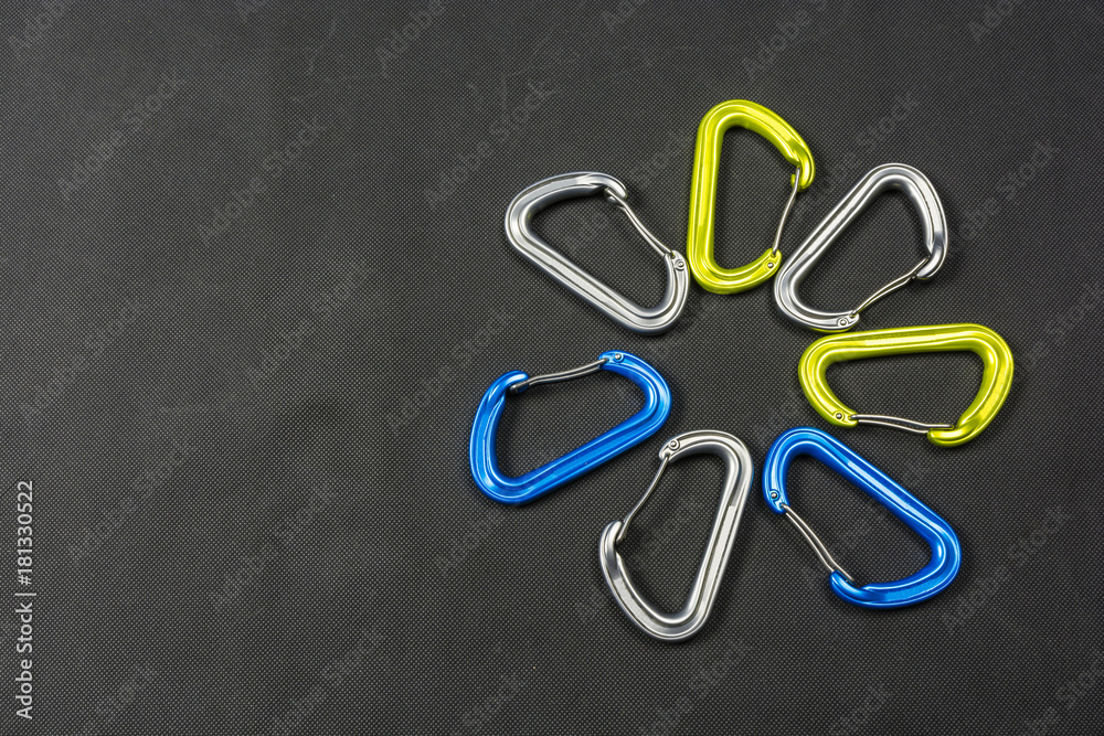 Different colors of climbing carabiners. Different colors of climbing carabiners.