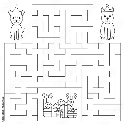Funny maze for children. Dogs are looking for gifts. New Year symbol. Color page. Christmas labyrinth. Vector illustration.