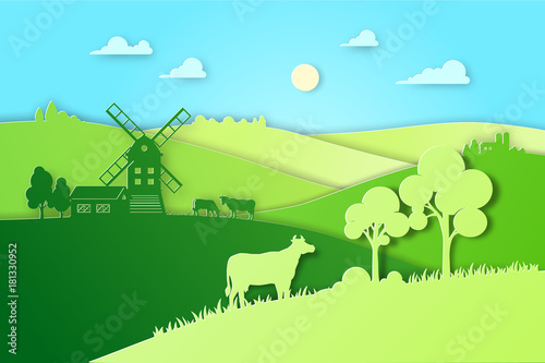Paper design fields and meadow illustration eco natural farming concept. Farm landscape vector flat illustration for eco product package. Ecological green farming.