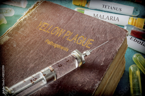  Vintage Syringe On A Book Of yellow plague, Medical Concept  photo