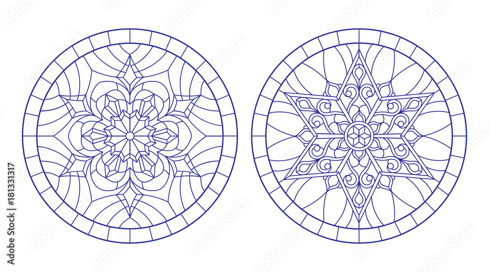 Set contour illustrations of stained glass with snowflakes in the framework ,round image