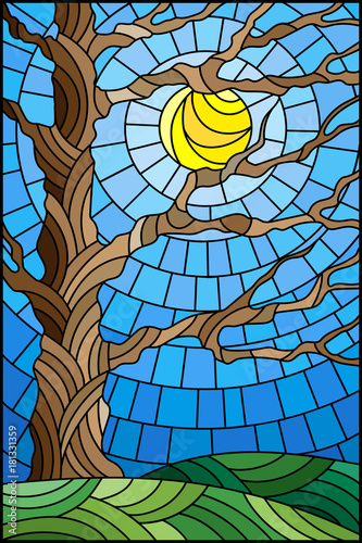 Illustration in stained glass style with autumn bare tree on sky background and sun