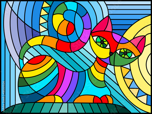 Illustration in stained glass style with abstract geometric cat