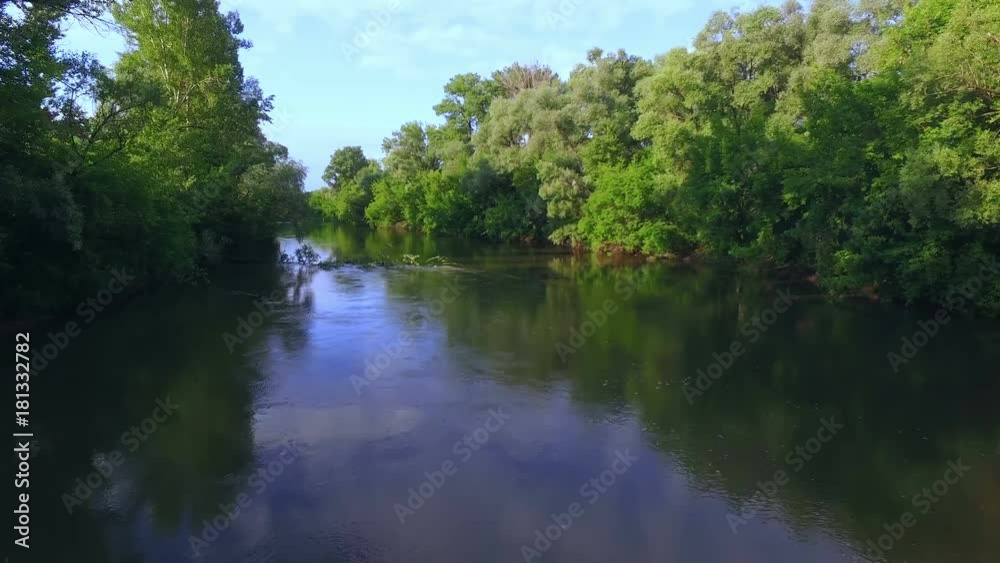 AERIAL: Flight low over a narrow river between tall trees. Dawn scenery in the morning sun, dark water. The branches of the trees hang over the water. AERIAL: Flight low over a narrow river between tall trees. Dawn scenery in the morning sun, dark water. The branches of the trees hang over the water.