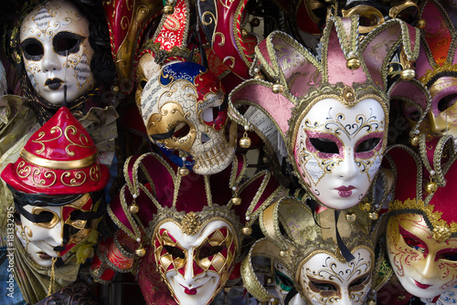 The souvenir Venetian masks offered for sale close up