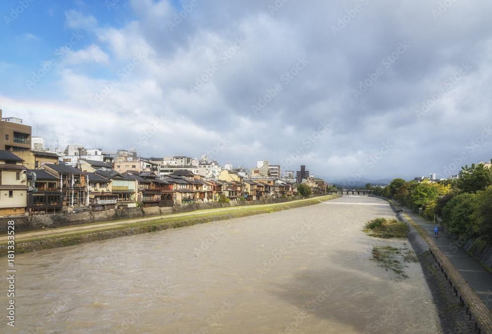 Panoramic view of Kyoto from Kamo river with rainbow. Japan