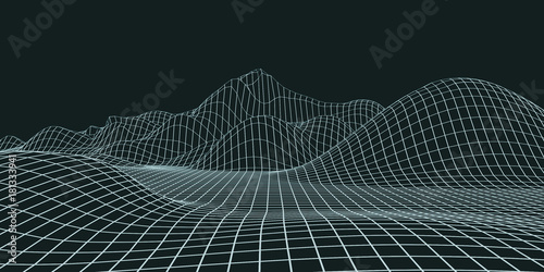 Abstract landscape background. Mesh structure. Polygonal wave wireframe background. 3d rendering