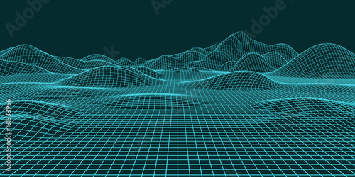 Abstract landscape background. Mesh structure. Polygonal wave wireframe background. 3d rendering