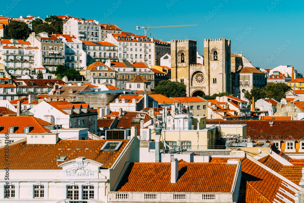 Panoramic View Of Downtown Lisbon Skyline Of The Old Historical City In Portugal