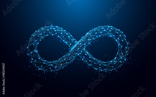 Infinity icon from lines and triangles, point connecting network on blue background. Illustration vector photo