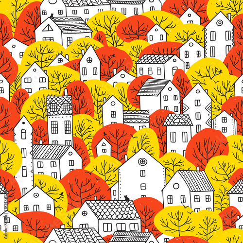 trees and houses seamless pattern autumn red yellow colors