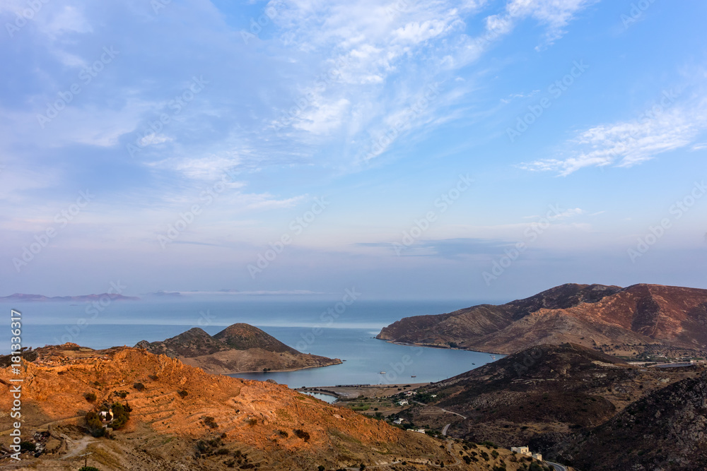 Stunning view to the sea from the chora of Patmos island, Greece, in the evening 