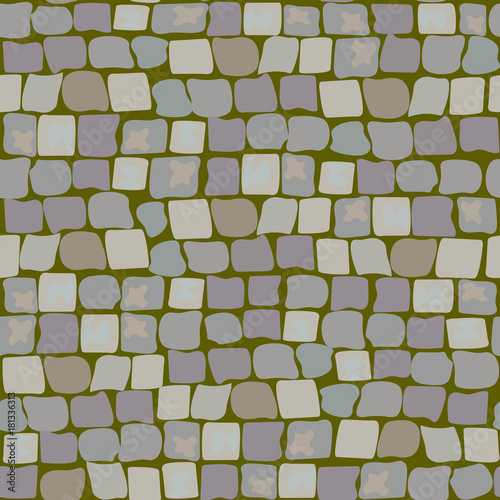 Old Paving Stones with moss and turf. Road Texture seamless pattern. wall of stone, cobbled street with grass
