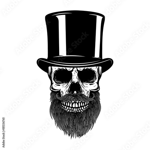 Bearded skull in retro hat. Gentleman club. Design element for t shirt, poster, emblem, sign. Vector illustration