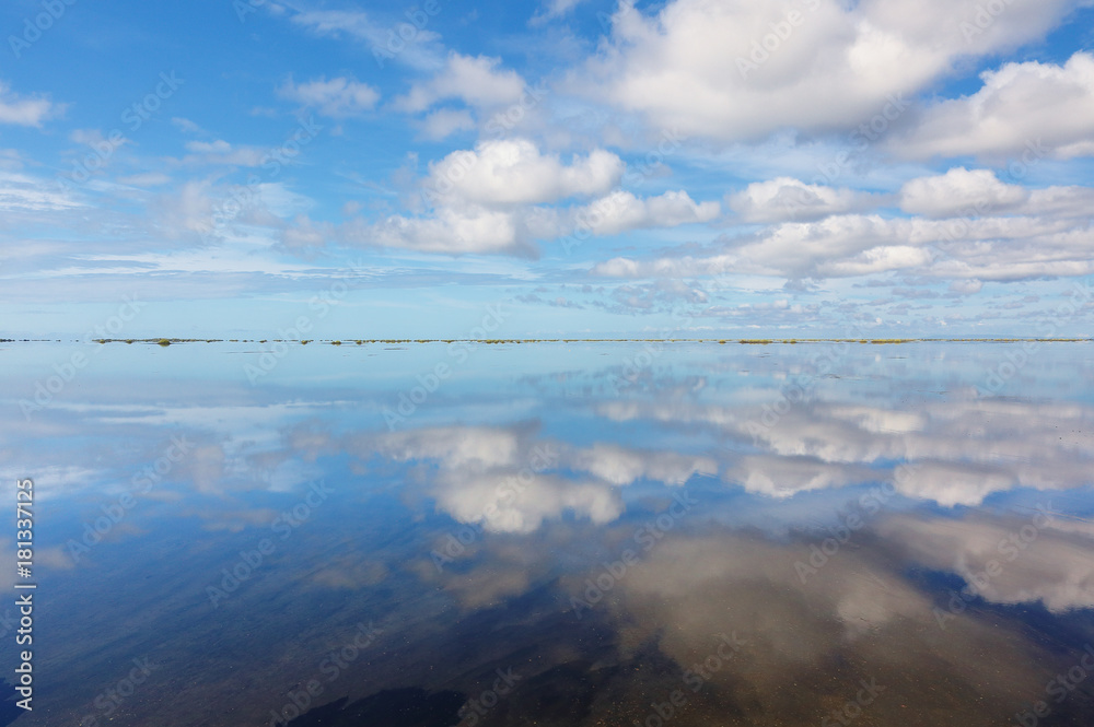 The shallow water with cloud reflection at Ingolfshofdi Nature Reserve, Iceland. Ingolfshofdi is a small headland and private nature reserve on the south coast of Iceland
