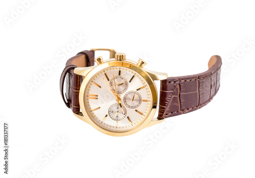 Mechanical golden men's wrist watch isolated on white background.