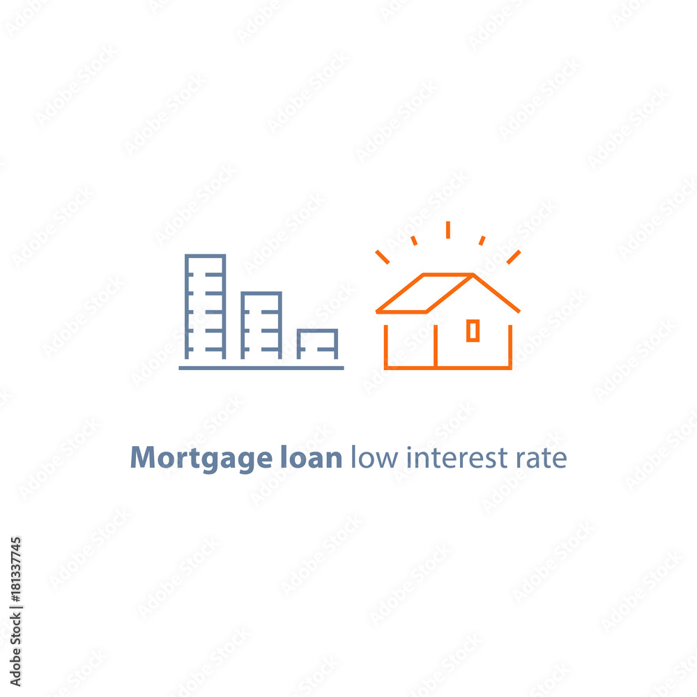 Mortgage down payment, home loan, low interest rate, descending coin stack, line icon Mortgage down payment, home loan, low interest rate, descending coin stack, line icon