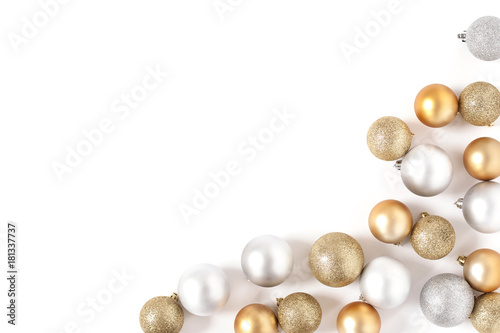 Frame Golden and Silver Balls Top view White Background Christmas New Year