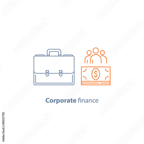 Business loan, company expenses, corporate finance, financial people, share holders, vector line icon
