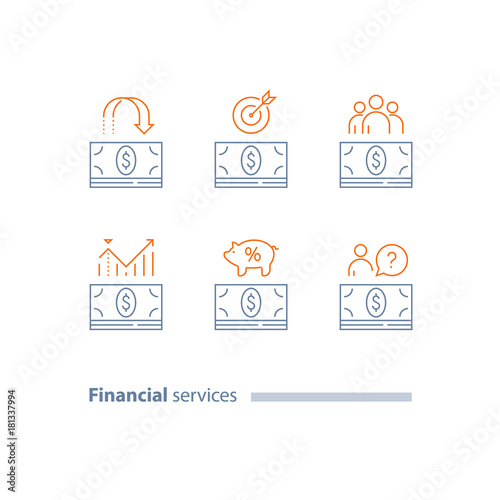 Cash loan, investment return, money bundle, refund, wages payment, finance analytics, pension savings account, corporate expenses