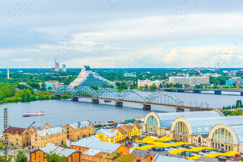 Aerial view of Riga including the Latvian national library and the zeppelin hangars from top of the academy of sciences building.