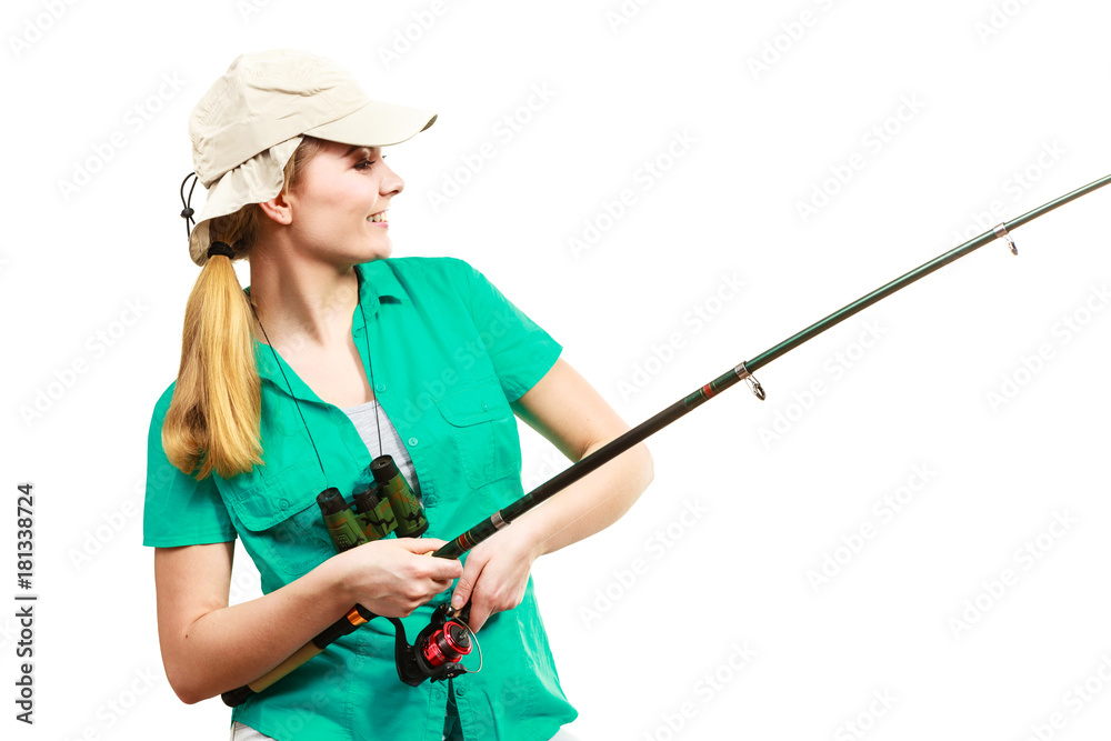 Woman with fishing rod, spinning equipment Woman with fishing rod, spinning equipment