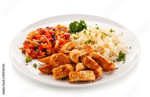 Chicken meat with rice and vegetables