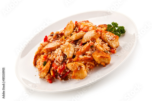 Chicken meat with rice on white background