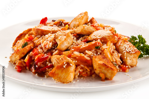 Chicken meat with rice on white background