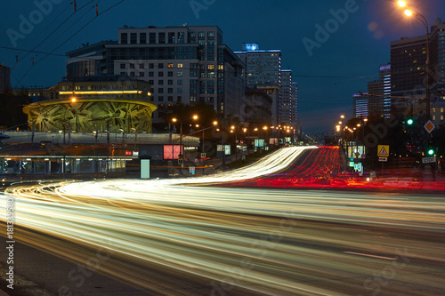 Blurred motion of city traffic at dusk