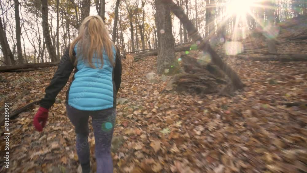 Side view of mature blonde caucasian woman hiking on a wooded mountain trail wearing gloves, headband and jacket as the sun reflects off the lens through the trees. Side view of mature blonde caucasian woman hiking on a wooded mountain trail wearing gloves, headband and jacket as the sun reflects off the lens through the trees.