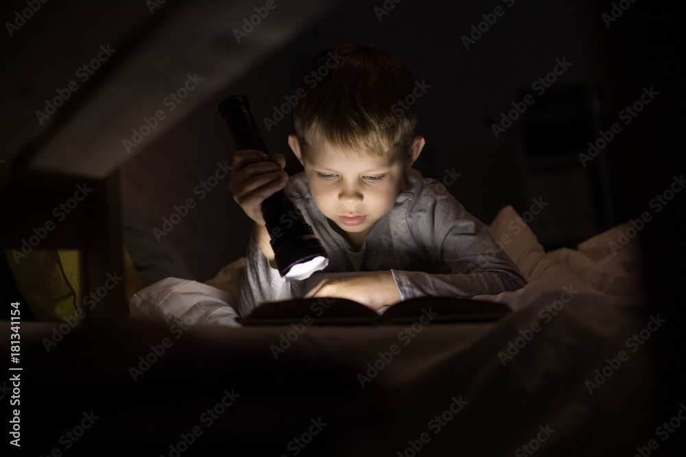 Portrait of cute little boy reading in bed with flashlight in dark room, enjoying fairytales - obrazy, fototapety, plakaty 