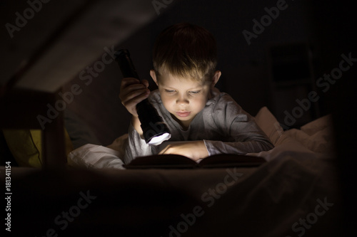 Portrait of cute little boy reading in bed with flashlight in dark room, enjoying fairytales