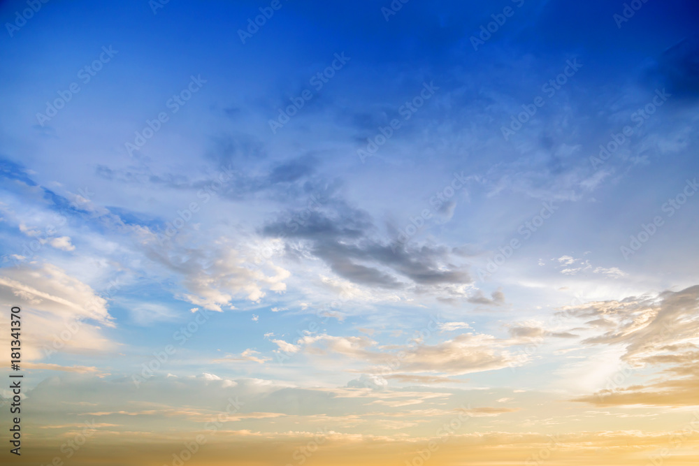 Dramatic sunset and sunrise sky with beautiful and colorful nice soft cloud background concept.