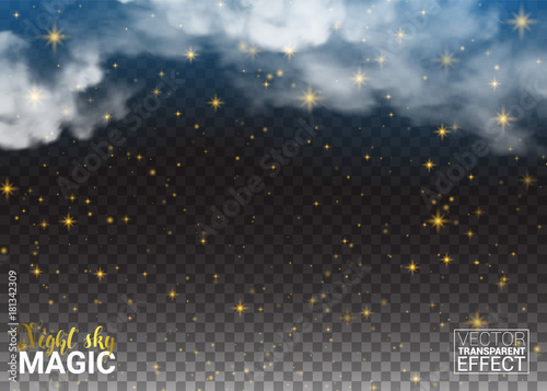 Night sky magic Stars and cloud. Design Shining Environment Space. Vector Illustration Abstract Transparent Background.
