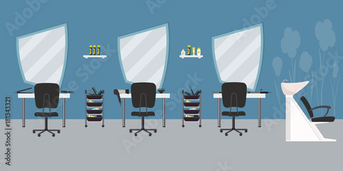 Interior of a hairdressing salon in a blue color. Beauty salon. There are tables, chairs, a bath for washing the hair, mirrors, hair dryer, combs and other objects in the picture. Vector illustration