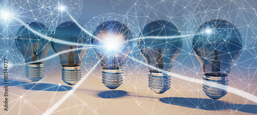 Bright lightbulbs and connections lined up 3D rendering