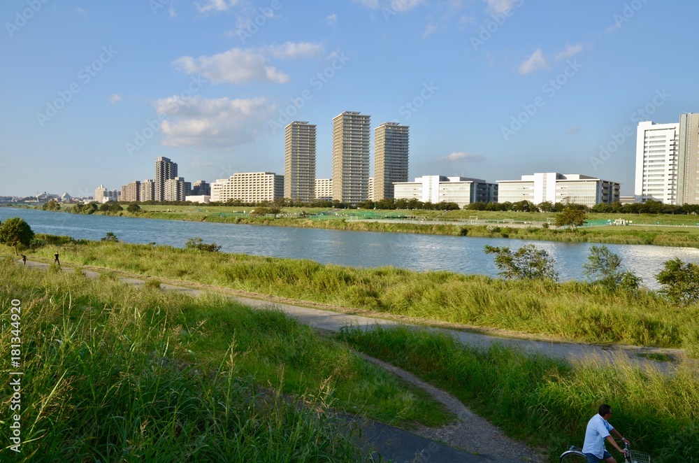 日本 神奈川県 川崎市 武蔵小杉 多摩川 河川敷 高層ビル Japan Kanagawa Kawasaki City Musashikosugi Tamagawa River Skyscraper Stock Photo Adobe Stock