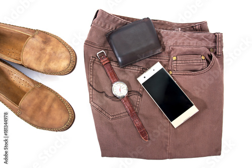 Closeup of men's accessories isolated on white background